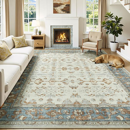 Lessymo Washable Area Rug for Living Room,8x10 Large Rugs with Non-Slip Backing,Soft Boho Carpets for Bedroom Dining Room Nursery Home Office,Light Brow