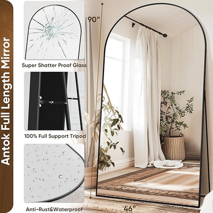 Antok Oversized Full Length Mirror with Stand, 91"x46" Arched Floor Mirror, Aluminum Frame, Wall Mounted/Leaning/Free Standing, Large Body Mirror for Bedroom Living Room Entryway Dressing Room,Black
