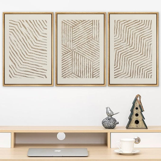 SIGNLEADER Framed Canvas Print Wall Art Set 3D Geometric Pattern Wave Collage Abstract Shapes Illustrations Modern Art Decorative Contemporary for Living Room, Bedroom, Office - 24"x36"x3 NATURAL