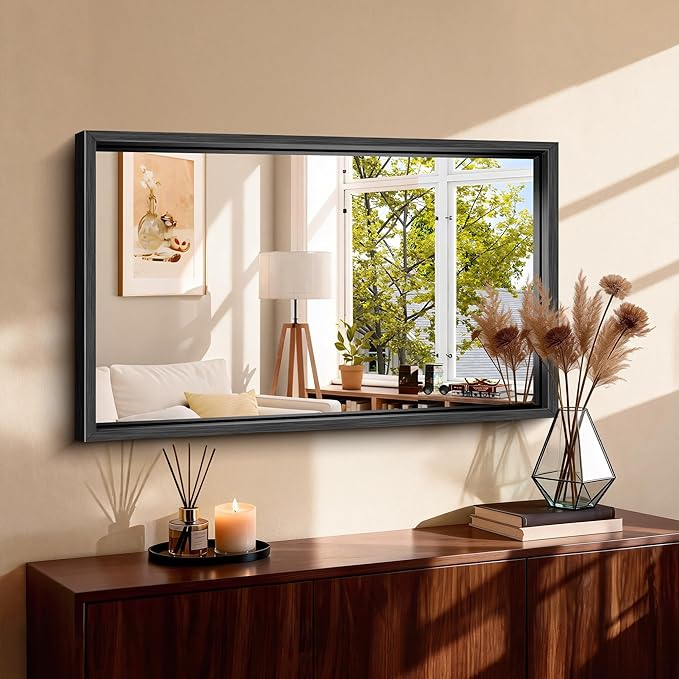 CIRCUMI 24"x40" Brushed Black Mirror with Chunky Box Metal Frame, Bathroom Mirror for Vanity Remodel & New Home, Living Room, Entryway, Rectangular Wall Mirror, Tempered Glass, Vertical or Horizontal