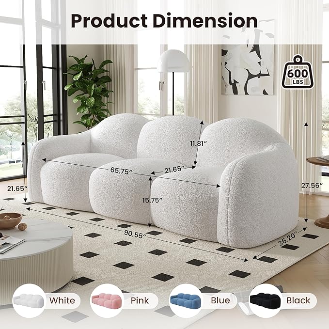 90" Modern Teddy Velvet Sofa Couch – One-Piece Memory Foam 3-Seater Sofa with Rounded Arms, Soft & Cozy Upholstery for Living Room
