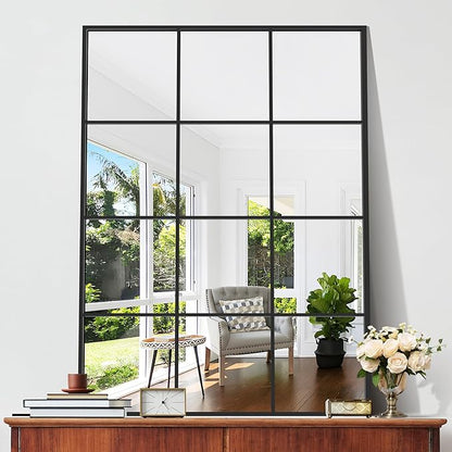 Rectangle Mirror, Window Mirror Wall Mounted, 36"×48" Window Pane Mirror Wall Decor Metal Framed, Large Black Mirror for Bedroom Living Room Fireplace Entryway Hanging or Leaning Against Wall