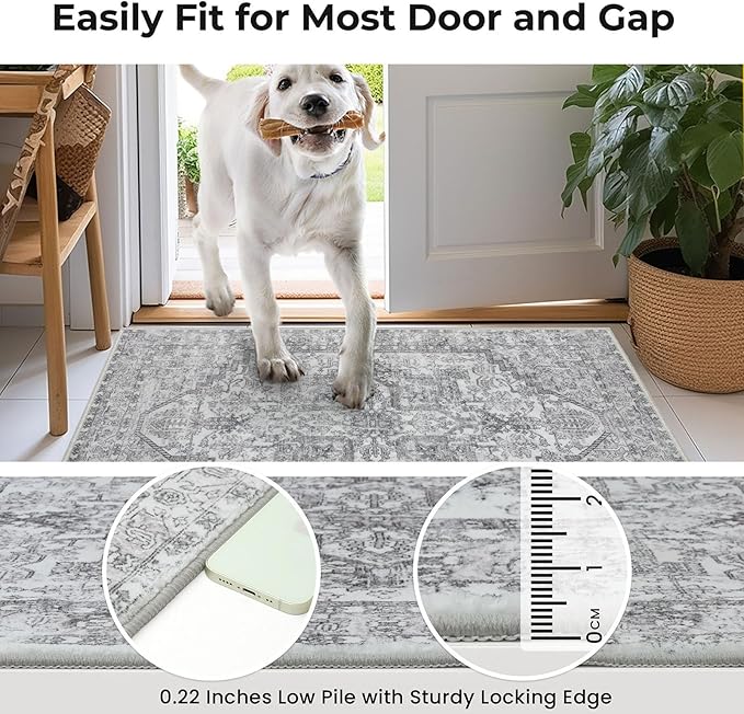 KOZYFLY Boho Area Rug 3x5 Ft Rugs for Entryway Washable Entry Rug Non Slip Door Mat Indoor Entrance Printed Faux Wool Throw Rugs for Entrance Kitchen Living Room, Gray