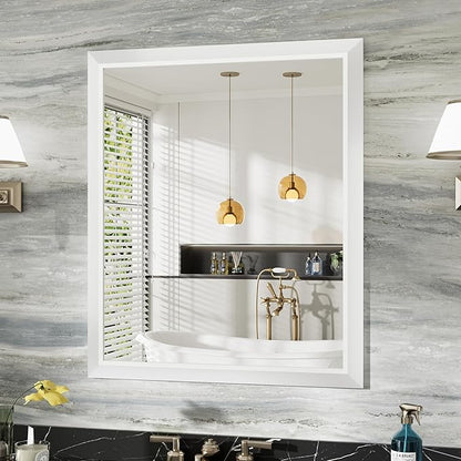 36x30 Inch White Bathroom Mirror for Wall, Thick Metal Framed Rectangle Mirrors for Over Sink, Bedroom, Living Room, Entryway, Anti-Rust, HD Tempered Glass