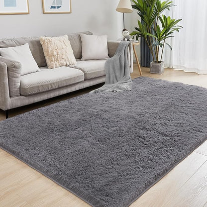 Puremy Fluffy Shag Area Rug, 4x6 Grey Rugs for Bedroom, Soft Plush Area Rugs for Living Room, Non-Slip Indoor Carpet for Nursery, Study Room, Dressing Room, Home Decor