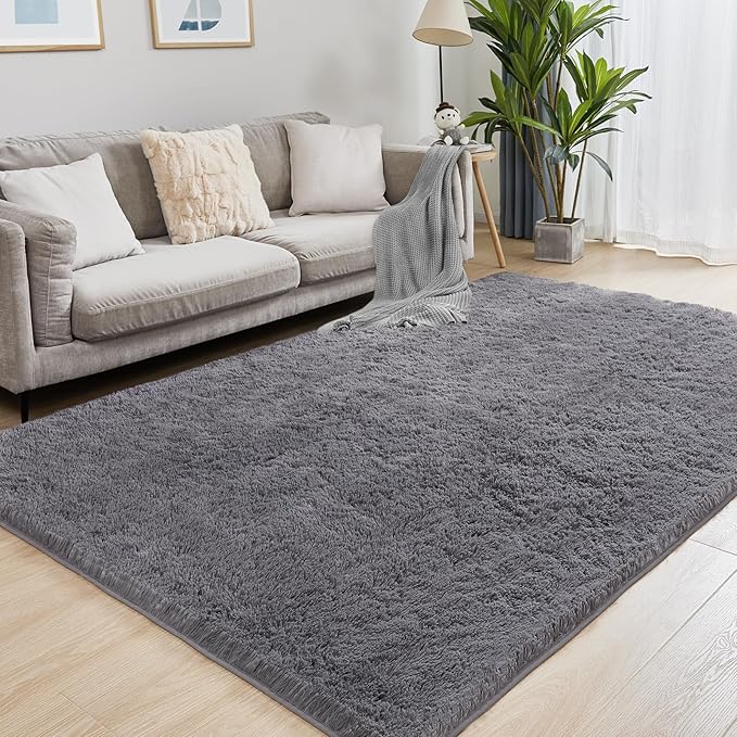 Puremy 6x9 Super Soft Grey Rugs for Living Room, Fluffy Shaggy Area Rug for Bedroom, Anti-Skid High Pile Indoor Carpet for Nursery, Kids Room, Bedside, Home Decoration