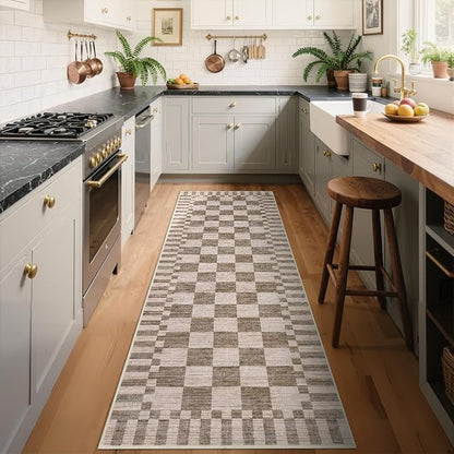 GarveeHome 2×5 Kitchen Runner Rug Non Slip,Brown Checkered Rug,Washable Runner Rug for Hallway Soft Low-Pile Geometric Checkerboard Rugs for Entryway Kitchen Dining Room