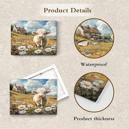 LB Rustic Floral Cow Wall Art Vintage Farmhouse Cabin Animal Daisy Canvas Wall Art White Flower Wall Decor for Living Room, Bedroom, Office - Ready to Hang 12x16 Inches
