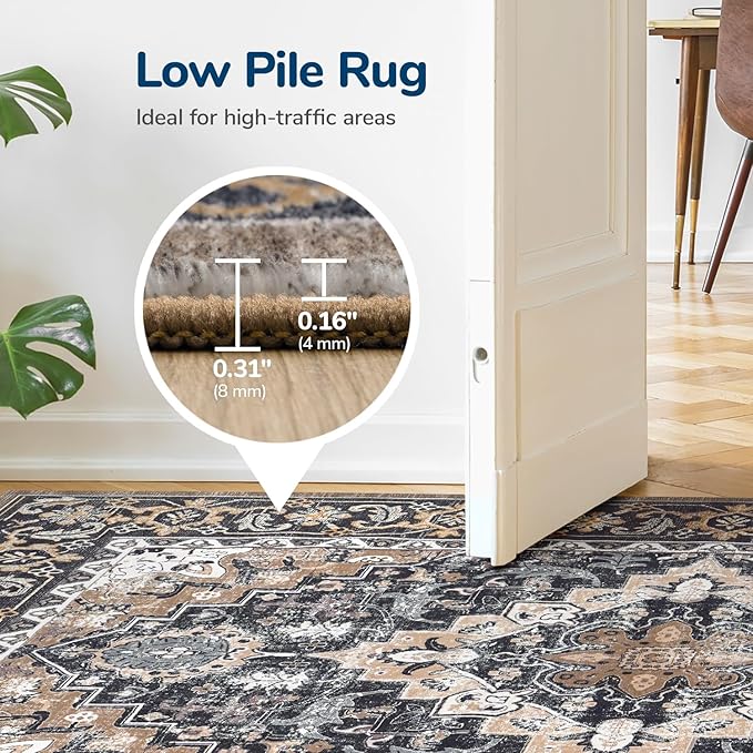 Lessymo 9 x 12 Area Rugs for Living Room, Machine Washable Area Rugs Boho Faux Wool Low Pile Area Rug for Bedroom, Floral Medallion Vintage Rugs with Non-Slip Rubber, Kid & Pet Friendly,Black Brown