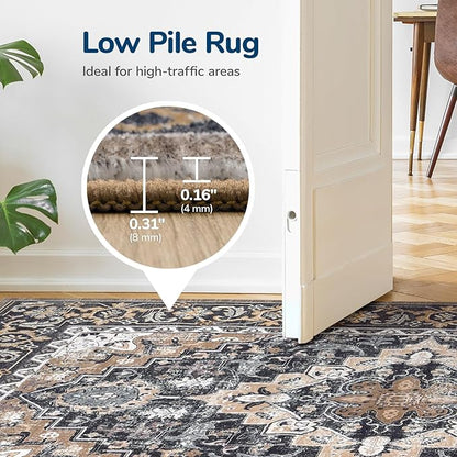Lessymo 9 x 12 Area Rugs for Living Room, Machine Washable Area Rugs Boho Faux Wool Low Pile Area Rug for Bedroom, Floral Medallion Vintage Rugs with Non-Slip Rubber, Kid & Pet Friendly,Black Brown