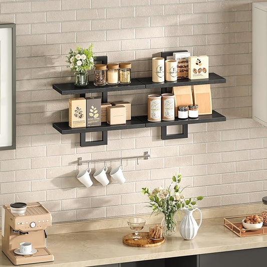 HOOBRO Floating Shelves, 15 Inch Wall Shelf Set of 2, Wall Mounted Storage Shelves 2-Tier, Hanging Bathroom Shelves, for Living Room, Bedroom, Bathroom, Kitchen, Black BK32BJ01