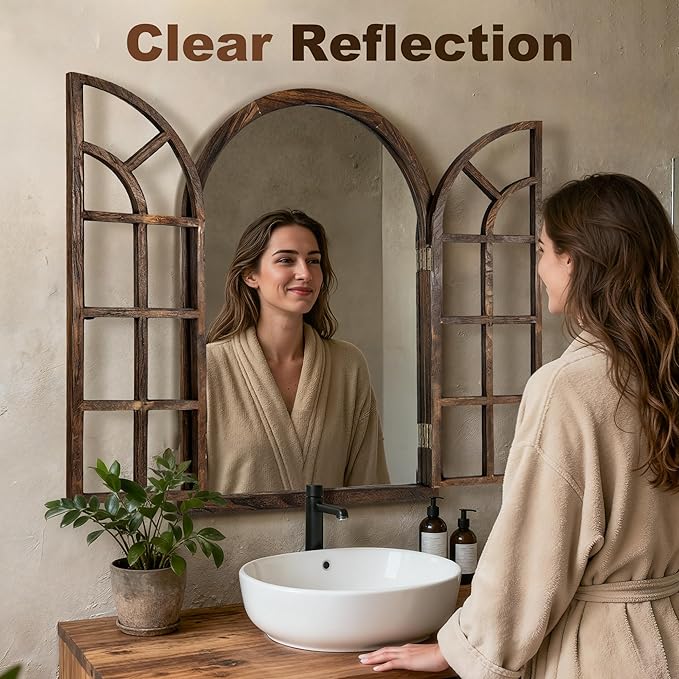 Arched Wall Mirror with Wood Window Frame, 38x26 Vintage Rustic Arch Farmhouse Mirror for Wall, Living Room, Bedroom, Entryway(Brown)