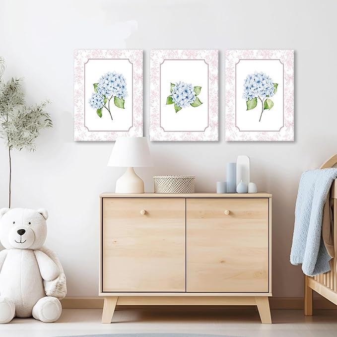 Blue Hydrangea Wall Art Set of 3, Preppy Blue Hydrangea Canvas Prints Poster Picture, Floral Aesthetic Wall Decor for Teen Girls Bedroom Dorm Apartment 12x16 Inch Framed
