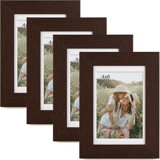 Momentworth 4x6 Picture Frame with Mat for 3.5x5, Walnut Wood Grain Dark Brown Gallery Wall Picture Frames for Tabletop or Wall Mounting(4 Pack, Walnut)