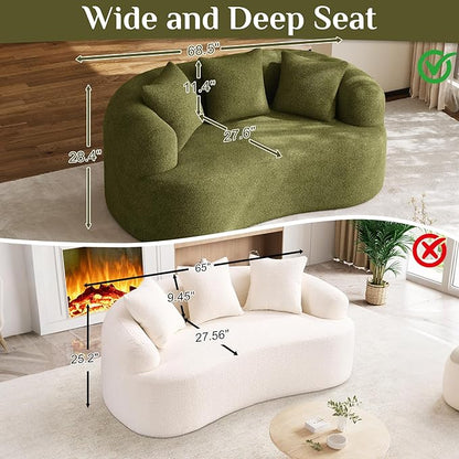 68.5" Loveseat Sofa for Living Room, Modern Luxury Plush Chenille Extra Deep Seat Curved Cloud Floor Couch with 3 Throw Pillows for Small Spaces, No Assembly Needed, Sage Green