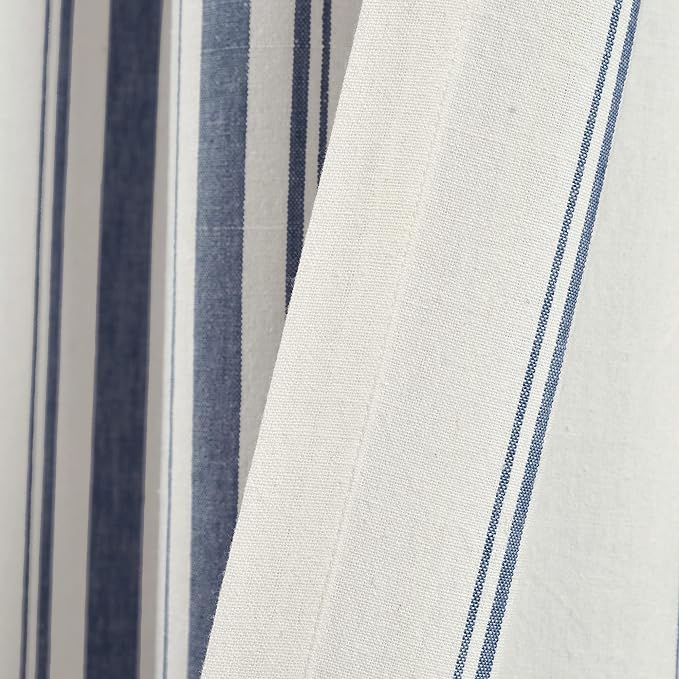 Lush Decor Farmhouse Stripe Yarn Dyed Eco-Friendly Recycled Cotton Window Curtain Panel Pair, 42" W x 63" L, Navy - Classic Modern Rustic Charm - Eco Friendly Cotton Fabric