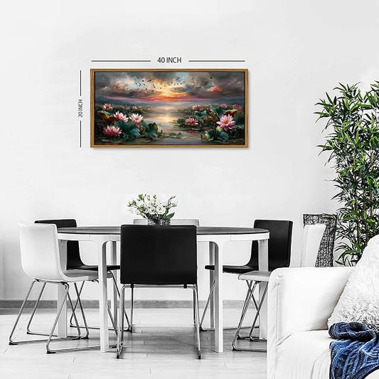 Lotus Flower Framed Wall Art for Living Room Emerald Green Plant Leaves Pink Flower Picture Zen Poster Vintage Poud Landscape Abstract Nature Scenery Artwork Bedroom Bathroom Home Decorations 20x40