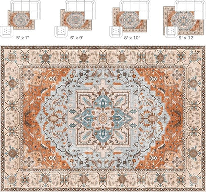 Lessymo 5x7 Area Rugs- Machine Washable Area Rugs, Super Soft Faux-Wool Area Rug for Living Room Bedroom, Boho Area Rug Vintage Floral Medallion Non-Slip Low Pile, Orange Beige