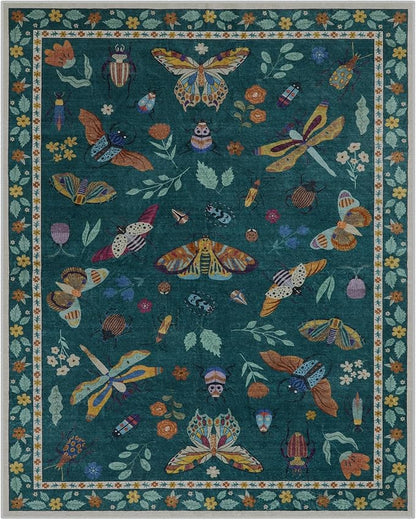 Lahome Insect Washable Rugs 8x10, Soft 8x10 Area Rugs for Living Room, Non Slip Bedroom Rug Under Bed Ultra-Thin Large Carpet for Dining Room Office Playroom Vionnet(8'x10',Dark Green)