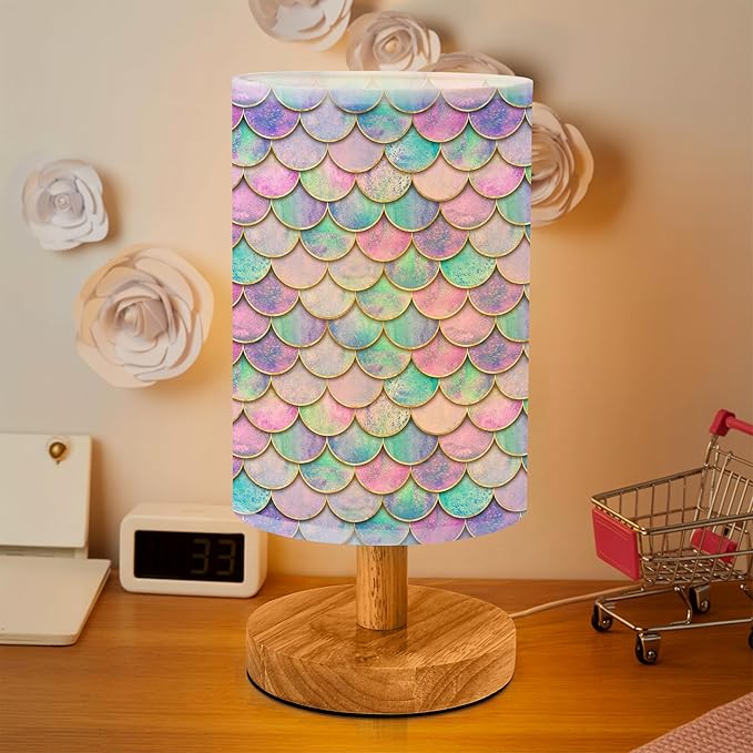Rainbow Scales Mermaid Bedside Table Lamp for Bedroom with USB Port, Cute Cozy Kids Nightstand Lamp with Wood Base Polyester Fabric Shade for Living Room Dorm Desk (Rainbow01)