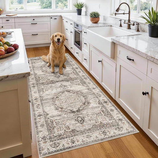 Washable Hallway Runner Rugs 3x6: Soft Ultra Thin Low Pile Carpet Machine Washable Indoor Lightweight Rug Runner Anti Slip Backing Rugs for Living Room Bedroom Kitchen 3'x6' Beige