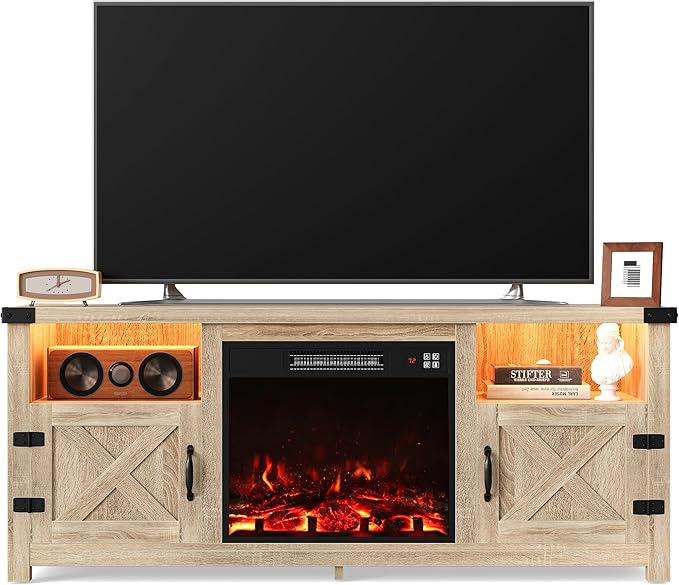 Furmax LED Entertainment Center with Fireplace, Fireplace TV Stand with Storage Cabinets and 2 Open Shelves, Modern Media TV Console for Living Room (Light Oak)