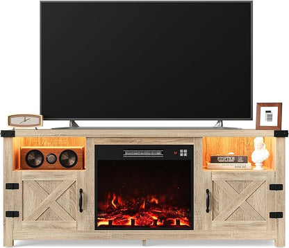 Furmax LED Entertainment Center with Fireplace, Fireplace TV Stand with Storage Cabinets and 2 Open Shelves, Modern Media TV Console for Living Room (Light Oak)