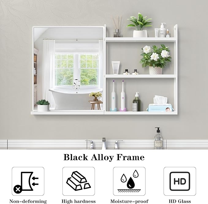 White Metal Framed Bathroom Mirror with Shelf, 40" X 24.4" Rectangular Wall Mounted Bathroom Vanity Mirror, Modern Bathroom Mirror with Storage for Over Sink, Entryway