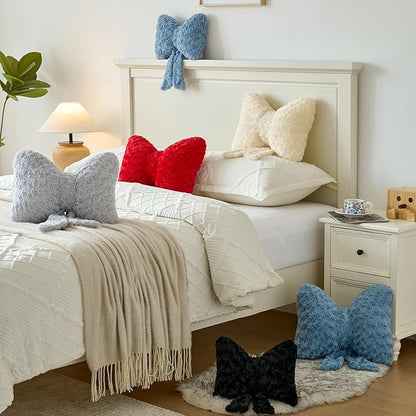 Bow Pillow, Decorative Bow Pillows with Soft Plush for Couch Bed, Bow Shaped Throw Pillow Room Decor for Bedroom, Bow Decorative Pillow for Living Room (Grey Blue, Large-16 Inches)