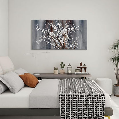 AJAZIKO Wall Art for Living Room Large Modern Wall Decor Canvas Paintings for Wall Decorations White Flower Brown Bedroom Office Artwork Plum Blossom Art Prints Framed