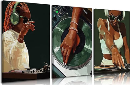 3pcs Trendy Black Girly Dj Canvas Wall Art Fashion African American Black Women Wall Decor Pictures Muisc Record Posters Prints Paintings for Bedroom Living Room Decoration Prepare To Hang
