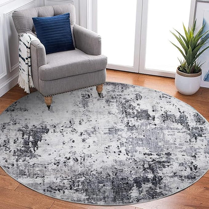 ROYHOME Modern Abstract 8x8 Round Area Rug Non Slip Non Shedding Rug Low Pile Stain Resistant for Bedroom Living Room Office Dining Room,Grey