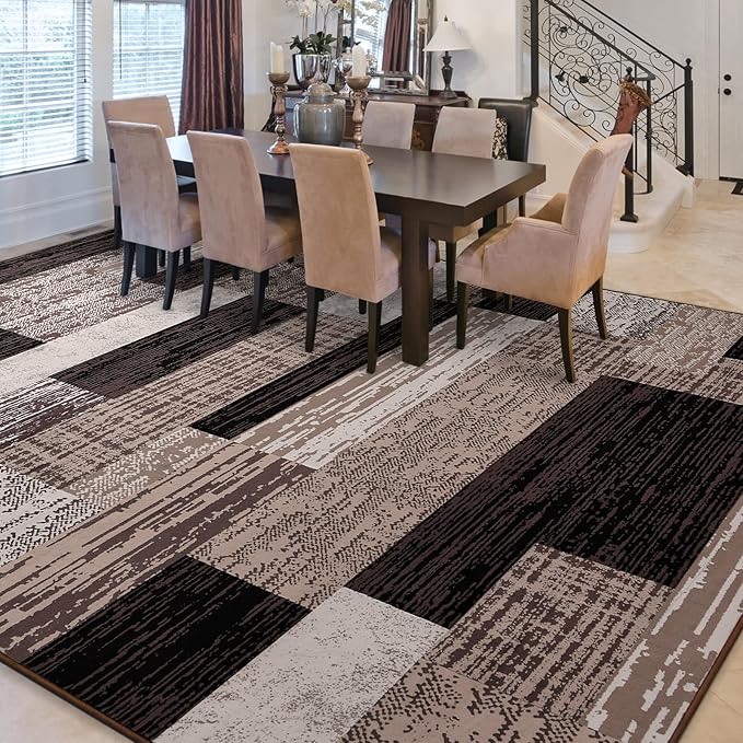 FlyDOIT Modern Geometric Patchwork Area Rug, 9x12 Chocolate Large Rugs for Living Room, Rockwood Collection Indoor Rugs for Bedroom, Throw Carpet Floor Decor for Entryway Dining Room Office Nursery