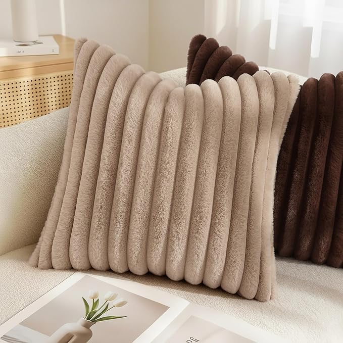 decorUhome Cozy Faux Fur Throw Pillow Covers 20x20 Set of 2 Decorative Soft Plush Striped Modern Farmhouse Boho Couch Pillow Cases with Velvet Back for Sofa Bed Living Room, Khaki Brown
