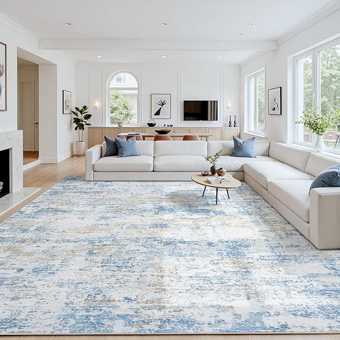 Area Rug 6x9 Living Room Rug Washable: No-Slip Abstract Soft Thin Large Blue White Gold-Beige Rugs, Indoor Floor Stain Resistant Modern Carpet for Bedroom Dining Room Farmhouse Nursery Home Office