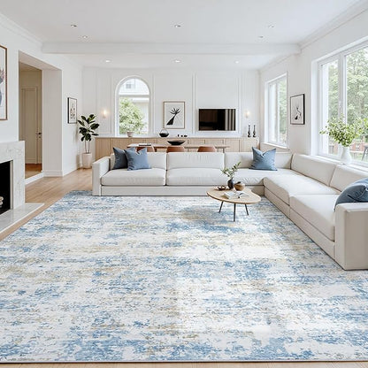 Area Rug 9x12 Living Room Rug Washable: No-Slip Abstract Soft Thin Large Blue White Gold-Beige Rugs, Indoor Floor Stain Resistant Modern Carpet for Bedroom Dining Room Farmhouse Nursery Home Office