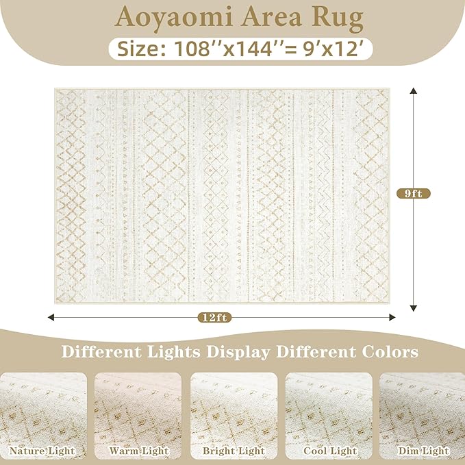 Area Rug for Living Room 9x12: Large Washable Boho Moroccan Rugs Geometric Neutral Rug, Non-Slip Foldable Morden Farmhouse Indoor Floor Carpet for Bedroom Dining Table Home（Beige,9X12）