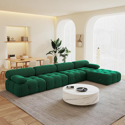 138'' Modular Sectional Couch, L-Shaped Velvet Sofa with Reversible Chaise Ottoman, Minimalist Bubble Couch, Modern Green Sectional Couches for Living Room, Apartment (4 Seats, 1 Ottoman, Green)