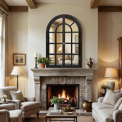 Arched Window Mirrors for Wall, Wooden Rustic Farmhouse Mirror for Wall Decor 24 x 36 Black, Decorative Wall Mirror Arch for Living Room, Bedroom, Bathroom, Fireplace, Farmhouse