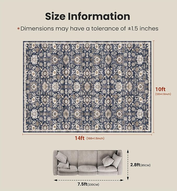 AMADA HOMEFURNISHING 10x14 Washable Area Rug, Low-Profile Large Area Rug with Non-Slip Backing & Durable Edge Binding, Vintage Large Rugs for Living Room, Bedroom & Dining Room
