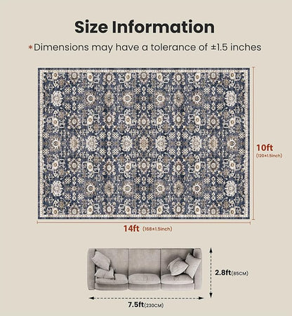 AMADA HOMEFURNISHING 10x14 Washable Area Rug, Low-Profile Large Area Rug with Non-Slip Backing & Durable Edge Binding, Vintage Large Rugs for Living Room, Bedroom & Dining Room