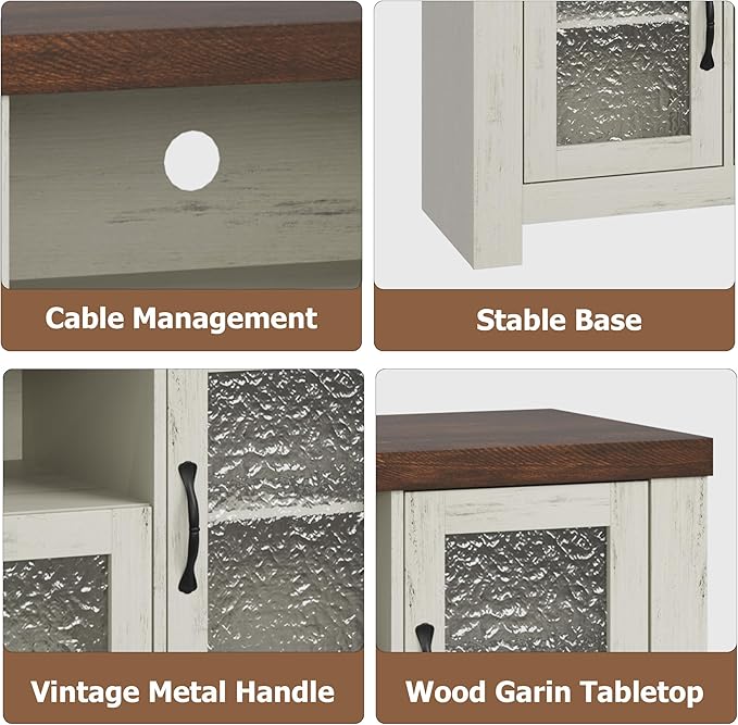 Farmhouse TV Stand for 60 Inch TVs, Wood Entertainment Center with Acrylic Door Storage Cabinets, Adjustable Shelves, Sturdy TV Console Table for Living Room Bedroom, Rustic White