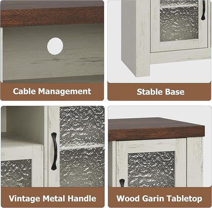 Farmhouse TV Stand for 60 Inch TVs, Wood Entertainment Center with Acrylic Door Storage Cabinets, Adjustable Shelves, Sturdy TV Console Table for Living Room Bedroom, Rustic White