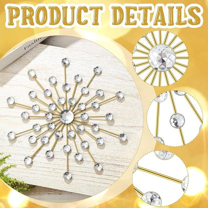 Barydat 6 Pcs Metal Starburst Wall Decor Bling Crystal Wall Art Rhinestone Sunburst Home Decoration No Punch Starburst Hanging Diamond Accents for Living Room Bedroom(25cm,Gold)