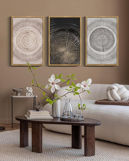 PHOPAGO Vintage Wood Tree Rings Wall Art 16x24in Farmhouse Rustic Framed Canvas Paintings Living Room Bedroom Decor Nature Artwork Natural Framed