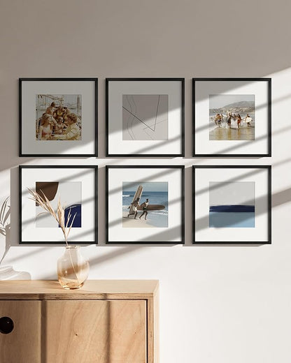 HAUS AND HUES 12x12 Black Metal Picture Frames Matted to 8x8 - Features Premium Aluminum & Hanging Hardware, Shatterproof Plexiglass - Ideal for Home, Room, Office (12x12 in, Black, Set of 6)