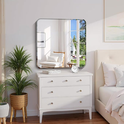 CILIBER Beveled Mirror, 30x30 Square Bathroom Mirror Rounded Corner, 3mm Tempered Glass, 18 inch Frameless Vanity Mirror with Beveled Edge for Bathroom, Bedroom, Living Room and Entryway