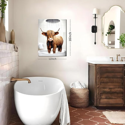 Funny Highland Cow Wall Art Set of 3, Rustic Farmhouse Bathroom Cow Pictures Wall Decor Painting, Brown Cute Cow Animal Canvas Posters Prints for Bathroom Restroom Home Decor Framed 12x16 Inch