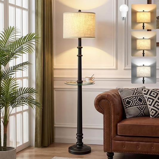 EJIAXIN Floor Lamps for Living Room with Side Table - 60" Resin Farmhouse Floor Lamp with Adjustable Color Temperatures - Vintage Standing Lamp Reading Light Retro Tall Lamp for Bedroom Office, Black