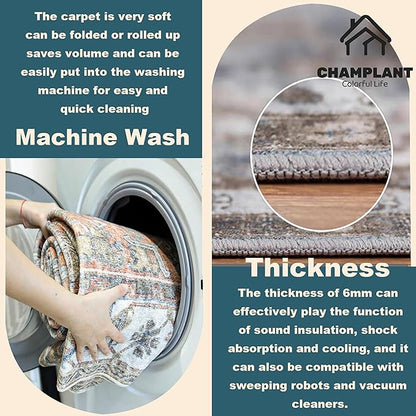 CHAMPLANT Area Rug 5'x7' Blue Khaki Washable Vintage Traditional Floor Cover Thin Retro Kitchen Indoor Distressed Non Slip Carpet Floral Print Mat for Living Room Bedroom Dining Room